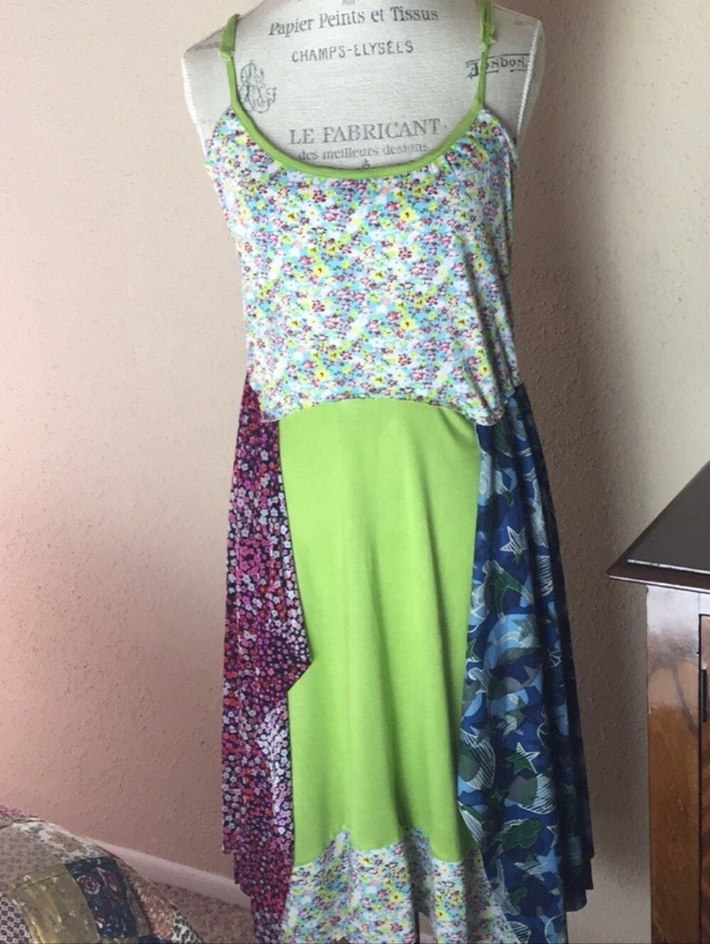 NWT Rising International Green Multy-Print Spag. Strap Flowy Patchwork Dress S